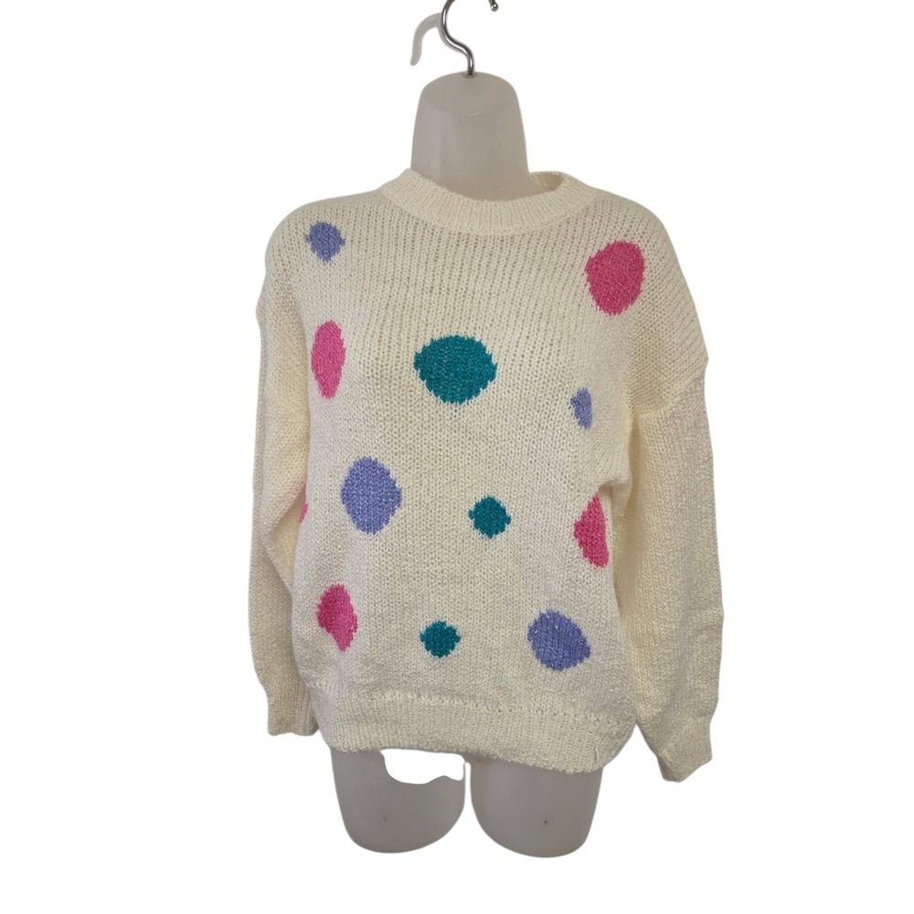 Private Party Vintage Polka Dot Knit Sweater Cream Multi Color 80s 90s Retro L